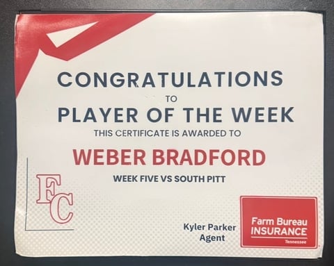 Player of the Week certificate for Weber Bradford, Week 5 vs South Pitt, from Farm Bureau Insurance