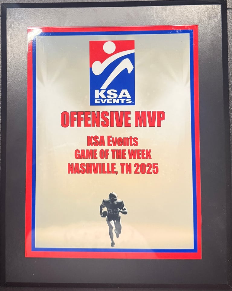 KSA Events Offensive MVP award plaque with red and blue border, featuring a football player image and text reading Game of the Week Nashville TN 2025